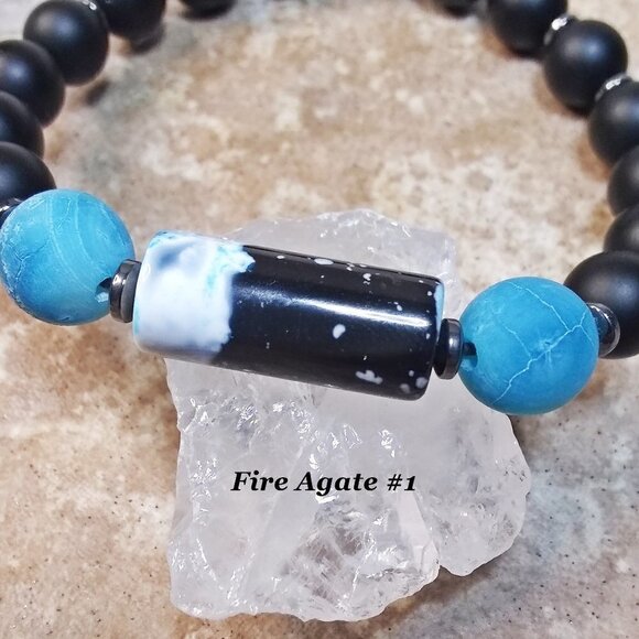 Gorgeous Blue & Black Fire Agate Stretch Bracelet - Fits 7" Wrists - Picture 2 of 6